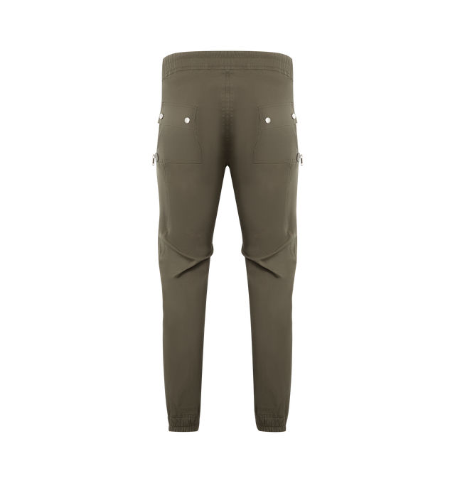 Image 2 of 3 - GREEN - RICK OWENS Bauhaus Cargo Pants featuring slim-fit, drawstring at elasticized waistband, four-pocket styling, exposed zip fly, rivets, eyelets, and press-stud hardware at front, zip vent at elasticized cuffs and zip pocket at outseams. 97% organic cotton, 3% elastane.