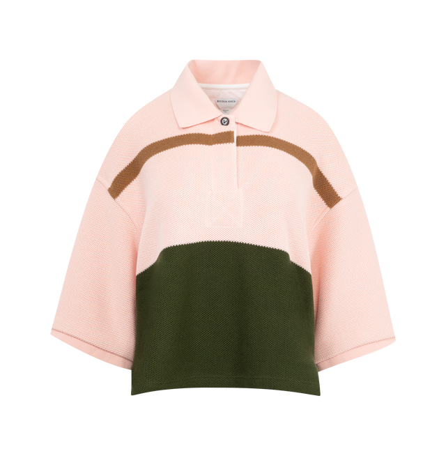 Image 1 of 2 - PINK - BOTTEGA VENETA Stripe Jumbo Pique Polo featuring oversized fit, polo collar, stripe and colorblocking and oversized sleeves. Cotton.