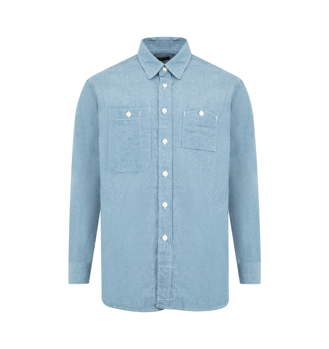 Image 1 of 2 - BLUE - ENGINEERED GARMENTS Work Shirt featuring relaxed fit, standard collar, button front closure, buttoned chest patch pockets, large side gussets for movement, barrel cuffs with button closure, reinforced elbows and curved hem. 100% cotton. Made in USA.