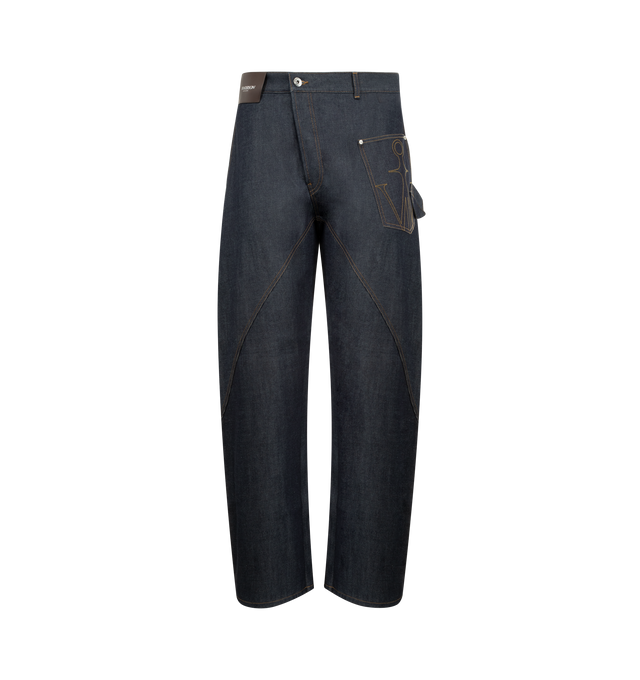 Image 1 of 3 - BLUE - JW ANDERSON Twisted Workwear Jeans featuring a workwear silhouette, diagonal seams at the legs, a patch pocket at the side, belt loops, side patch pocket, back patch pocket and zip fly with button closure. 100% cotton. Made in Italy.
