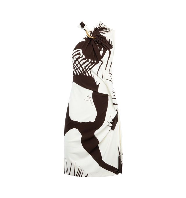Image 1 of 2 - WHITE - FERRAGAMO Asymmetric Gathered Dress featuring print throughout, draped fit, gathered and fed through a large bangle-like hoop at the neck and at the hip, one shoulder covered, and fitted skirt. 95% viscose, 5% elastane. 