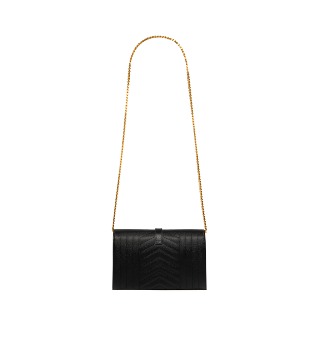 Image 2 of 3 - BLACK - SAINT LAURENT Envelope Triquilt Wallet on Chain in Grained Leather featuring matelass grain de poudre embossed leather with metal YSL monogram detail, detachable leather/chain crossbody strap, flap top with snap closure, golden hardware, center zip divides interior, 10 card slots, one bill compartment and leather lining. 5.5"H x 8.8"W x 1.5"D. Made in Italy.
