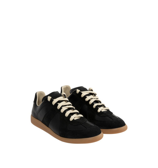 Image 2 of 5 - BLACK - Maison Margiela Replica Sneakers featuring lace-up sneakers in buffed nappa calfskin and calfskin suede, contrasting sole, Maison Margiela logo label on the tab, internal Replica label, internal elastic and all-over Maison Margiela logo insole. 100% calf leather. Sole: 100% rubber. Made in Italy.