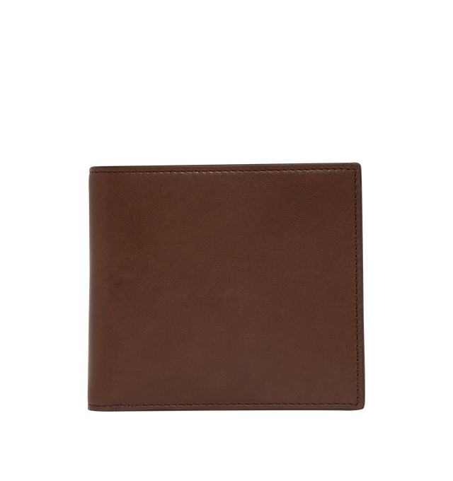 Image 1 of 3 - BROWN - THOM BROWNE Bilfold Wallet in soft calf featuring 8 card slots, tricolor stripe lining, signature striped grosgrain loop tab and gold foil printed logo. 100% calf leather. Lining: 100% polyester. Made in Italy.