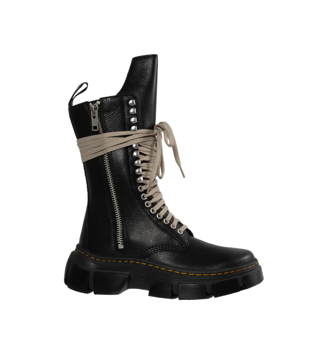 Image 1 of 4 - BLACK - DR. MARTENS X RICK OWENS 1918 calf-length DXML boot in black cow leather featuring exaggerated length pearl-tone laces and palladium finish hardware including eyelets, speed hooks and side zipper, an extended geometric tounge and woven Dr. Martens Airware heel loop. 50% E.V.A + 50% Polivinilclorurol rubber sole with Dr. Martens yellow welt stitch. DXML outsole, an exaggerated interperetation of the classic Dr. Martens sole.   * COLOR: BLACK * UPPER: UPPER 100% COW LEATHER* LEG LINING: 