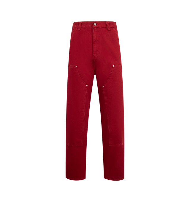 Image 1 of 3 - RED - CARHARTT WIP Double Knee Pant featuring zip fly with button closure, front tonal patches with gold-tone rivets, classic 5-pocket design, hammer loop and utility slip pockets at back and canvas fabric. 100% organic cotton.