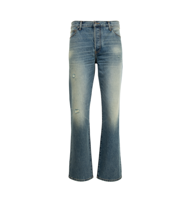 Image 1 of 3 - BLUE - COUT DE LA LIBERTE Rafa Vintage Straight Jean featuring long length, straight hem, button zip front closure, 5 pocket style and belt loops. 100% cotton. Made In USA.