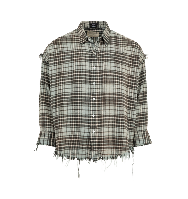 Image 1 of 2 - GREEN - R13 Shredded Seam Drop Neck Shirt featuring spread collar, button closure, patch pocket at chest, shirttail hem, dropped shoulders and single-button barrel cuffs.