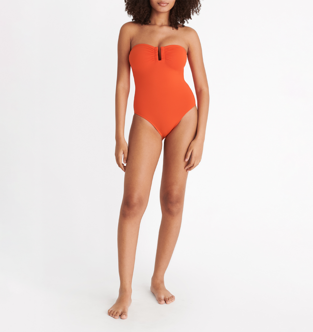 Image 3 of 6 - ORANGE - ERES Cassiope One-Piece Bustier Swimsuit featuring bust shirring at front and sides, U-shaped metal link between cups and gripper tape. Main: 84% Polyamid, 16% Spandex. Second: 68% Polyamid, 32% Spandex. Made in Italy. 