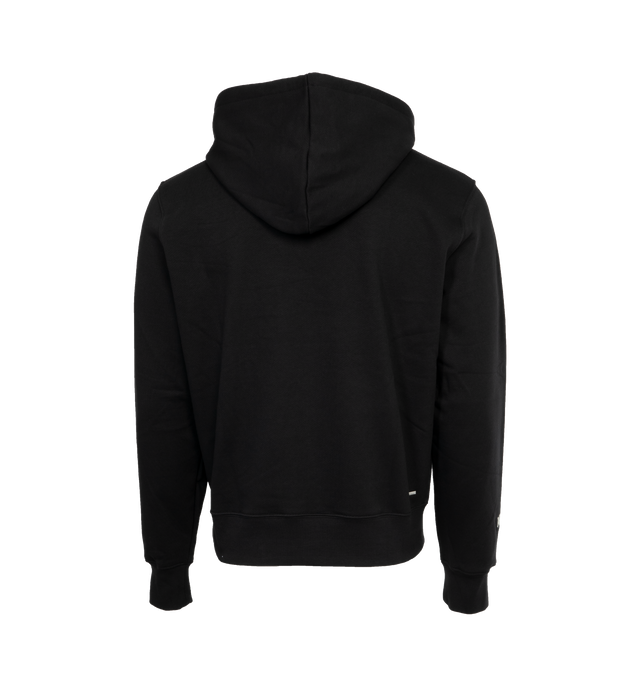 Image 2 of 3 - BLACK - AMIRI Staggered Logo Hoodie featuring slouchy hood, drop shoulder, front pouch pocket, straight hem and embroidered logo at the chest and back. 100% cotton.  