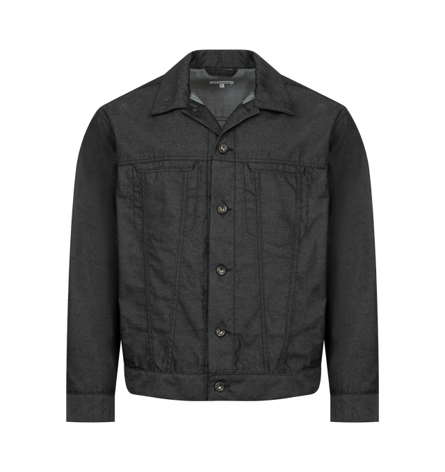 Image 1 of 3 - BLACK - ENGINEERED GARMENTS Type 5 Jean Jacket featuring front button closure, chin strap button closure, two front welted pockets, adjustable button cinch on the waist, adjustable button cuffs and relaxed fit. 100% polyester. Made in USA.