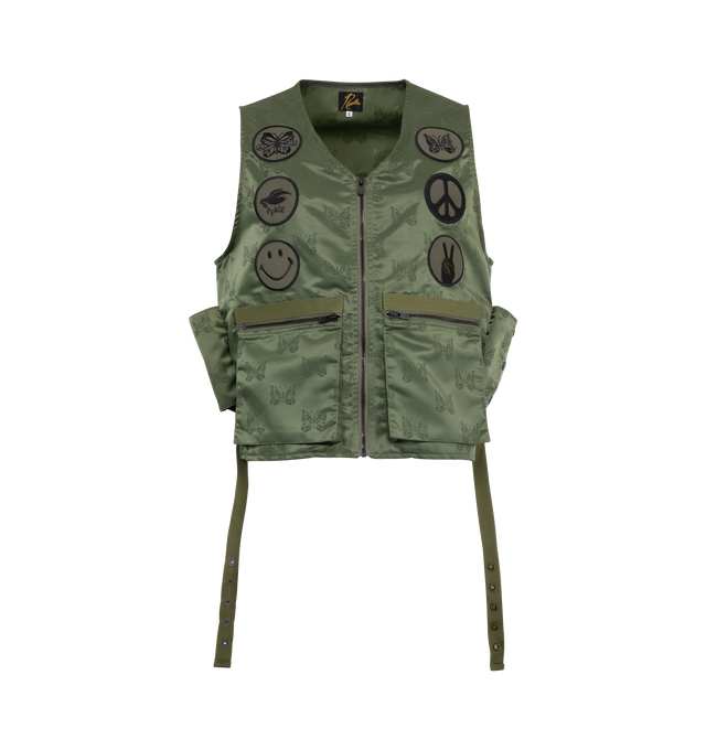 Image 1 of 2 - GREEN - NEEDLES Radio Vest featuring pockets under the left and right armpits for storing radio equipment and an extension belt that connects from the back to the side pockets, a classic design with numerous patches and exotic python jacquard. 100% nylon. Made in Japan.