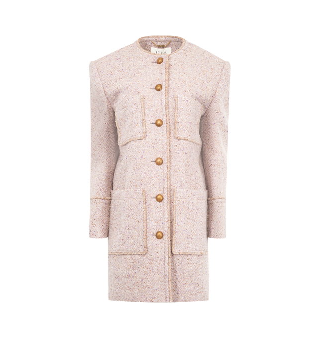 Image 1 of 3 - PINK - CHLOE Wool Blend Tweed Coat featuring single-breasted, collarless coat in chin wool tweed with jewelry buttons through front, chest and front patch pockets and fringed trims. 81% wool, 19% polyamide. Lining: 51% viscose, 49% cotton.