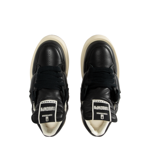 Image 5 of 5 - BLACK - Rick Owens DRKSHDW x Converse TURBOWPN Ox Sneakers featuring low-top, buffed leather, perforated detailing at toe and sides, lace-up closure, logo flag at extended padded tongue, padded collar, logo cutout at sides, buffed faux-leather lining and treaded rubber platform sole.