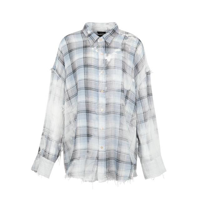 Image 1 of 2 - BLUE - R13 Womens Shredded Seam Drop Neck Shirt is crafted from Italian crinkle cotton gauze and features a drop-neck silhouette with a button-front closure. Finished with a bleached blue plaid print and shredded seam detailing. Main Material: 100% Cotton.