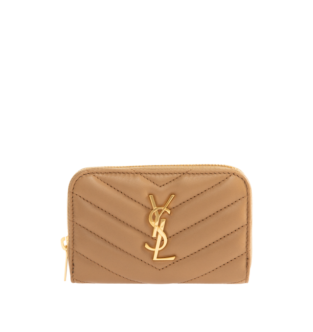 Image 1 of 3 - BROWN - SAINT LAURENT Cassandre matalesse coin card zip-around wallet decorated with chevron stitch quilting, three interior gusseted compartments and grosgrain lining. 4.3 X 2.8 X 0.8 inches. Lambskin leather with gold-tone hardware. Made in Italy.