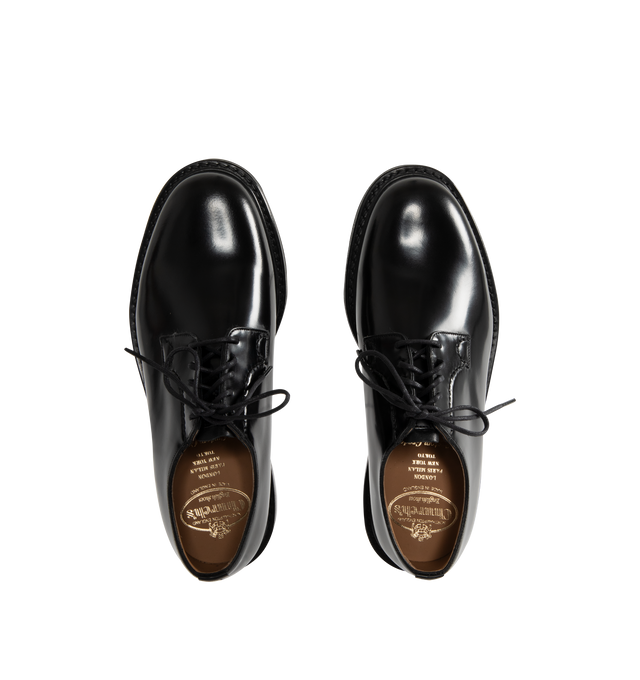Image 4 of 4 - BLACK - CHURCH'S Shannon Polished Leather Derby Shoes featuring whole-cut leather with polished binder finish, hand stitching to eyestay, stacked heel, round toe, lace-up vamp, blind eyelets, leather laces and logo crest on the footbed and sole.