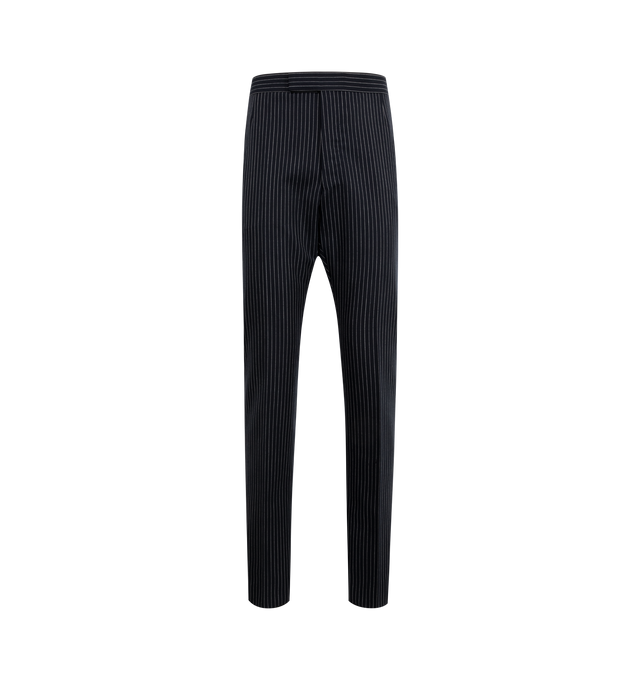 Image 1 of 5 - NAVY - THOM BROWNE Fit-1 Backstrap Pinstriped Wool Trousers featuring a tapered-leg silhouette with an extended tab waist, side seam pockets, buttoned backstrap, back button-through welt pockets and zip fly, hook-and-bar closure. 97% virgin wool, 3% polyester. Lining: 100% cupro.
