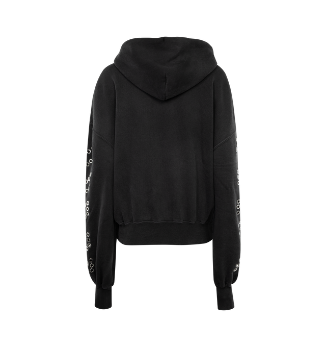 Image 2 of 2 - BLACK - OFF-WHITE EYELET DIAGS OVER HOODIE featuring long sleeves, drawstring hood, eyelet metallic diagonals at slevees and kangaroo central pocket. 100% cotton. 
