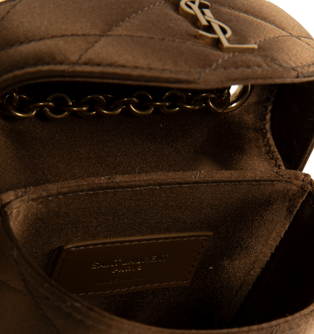 Image 3 of 3 - BROWN - Saint Laurent micro bag decorated with the CASSANDRE and diamond-quilted topstitching, featuring a leather and chain strap for shoulder carry, leather lining, bronze-toned hardware, magnetic flap closure. Measures 4.9" x 3.5" x 2.4" with 19.7" strap drop. Viscose, silk and brass. Made in Italy.