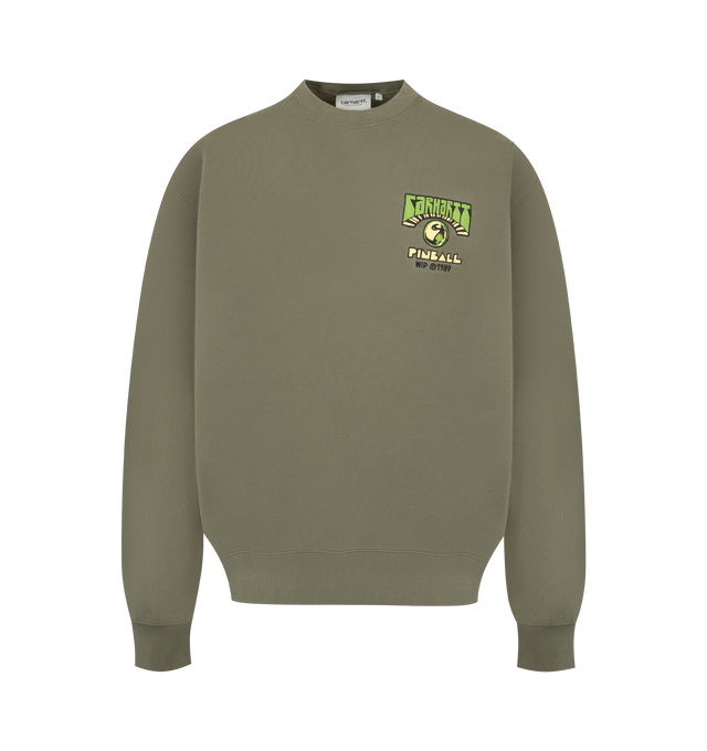 Image 1 of 2 - GREEN - The Carhartt Wip Pinball Sweatshirt is made in a loose fit from brushed, heavyweight 100% cotton jersey, which has been garment-washed for a softer feel. A graphic motif appears on the chest.
