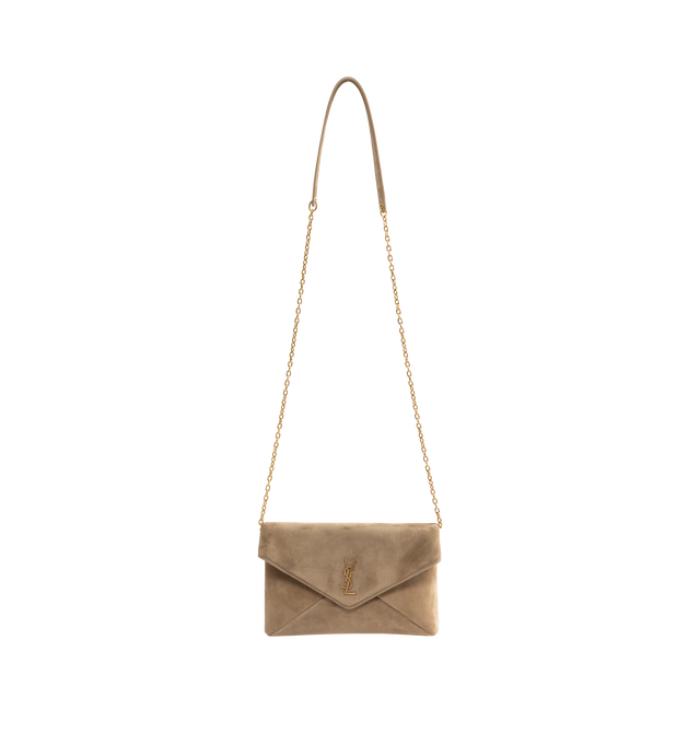 Image 1 of 3 - NEUTRAL - Saint Laurent Womens Chain Pouch is crafted from suede calfskin. Features signature Cassandre logo, magnetic closure, stowable cable-chain shoulder strap, leather lining, one interior card slot, bronze-tone hardware, and dimensions: 19 13 4.5 cm (7.5 5.1 1.8 in) with a 47 cm (18.5 in) strap drop. Main Material: Calfskin Leather; Lining: Leather; Hardware: Brass. Made in Italy.