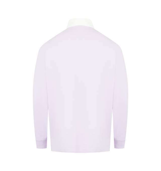Image 2 of 2 - PURPLE - 'Super Speed' rugby polo top in pale purple jersey. Features a graphic satin stitch embroidery, a cotton twill collar and concealed placket. Finished with rib cuffs, side split at the hem and corozo buttons. 100% Cotton. Made in Portugal.