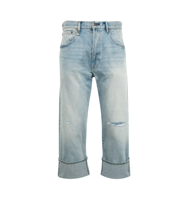 Image 1 of 5 - BLUE - R13 Cuffed X-Boyfriend Jeans featuring wide-leg non-stretch denim, fading, whiskering, and subtle distressing throughout, belt loops, five-pocket styling, zip-fly, rips at legs, leather logo patch at back waistband, logo-engraved antiqued copper-tone hardware and contrast stitching in yellow. 100% cotton.
