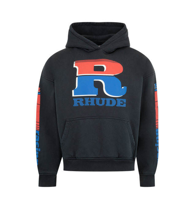 Image 1 of 3 - MULTI - RHUDE Split Petrol Logo Hoodie featuring front and sleeve logo detail, attached hood, front kangaroo pocket, ribbed trim and fleece lining. 100% cotton. Made in USA.