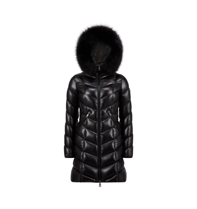 BLACK - MONCLER Fulmarus Down Jacket featuring nylon laqu lining, down-filled, hood with detachable faux fur trim, crafted from nylon laqu hood lining, zipper closure, zipped pockets, elasticized cuffs and felt logo. 100% polyamide/nylon. Padding: 90% down, 10% feather. Faux fur: 59% modacrylic, 32% acrylic, 9% polyester.
