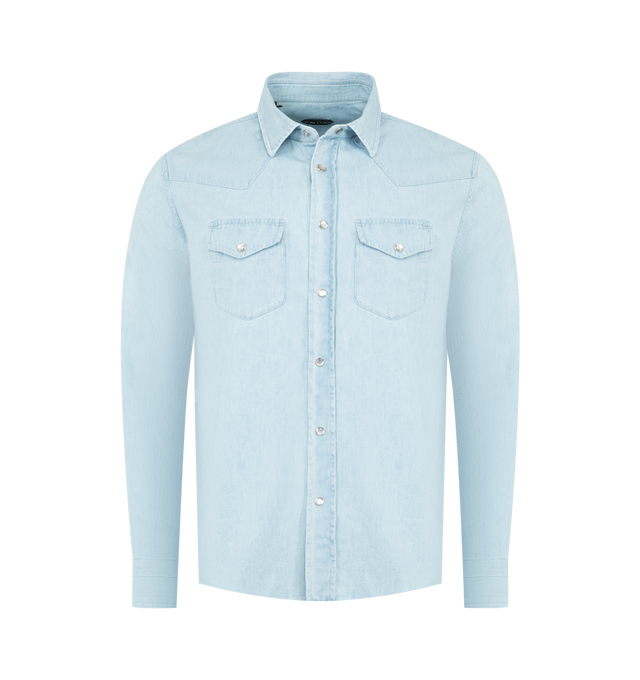 Image 1 of 2 - BLUE - TOM FORD Chambray Silm Fit Western Shirt featuring flap pockets at the chest, silver-toned button fastenings, flap pockets at chest, button cuffs and western style. 100% cotton. Made in Italy.