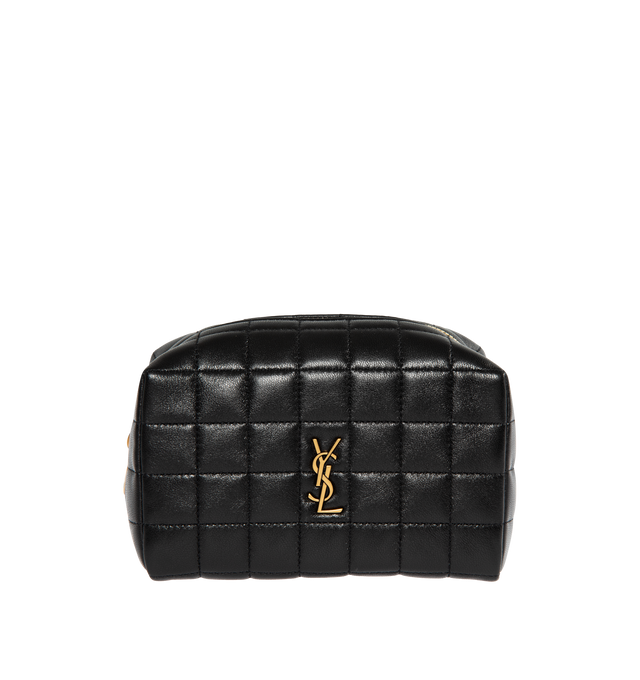 Image 1 of 3 - BLACK - SAINT LAURENT Small Cosmetic Pouch featuring quilted overstitching, zip closure, one main compartment and leather lining. 5.9 X 3.3 X 3.3 inches. 70% lambskin, 30% metal.  
