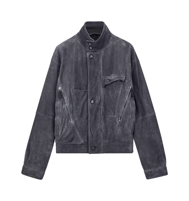 Image 1 of 1 - GREY - Giorgio Armani Men's Goat Suede Bomber Jacket is crafted from premium goat suede leather, offering a supple feel, refined texture, and timeless appeal. Designed in a classic bomber silhouette, it combines luxurious craftsmanship with effortless sophistication.Material: 100% Goat Leather; Body Lining: 63% Acetate, 37% Viscose; Sleeve Lining: 57% Viscose, 43% Polyester; Padding: 100% Polyester.