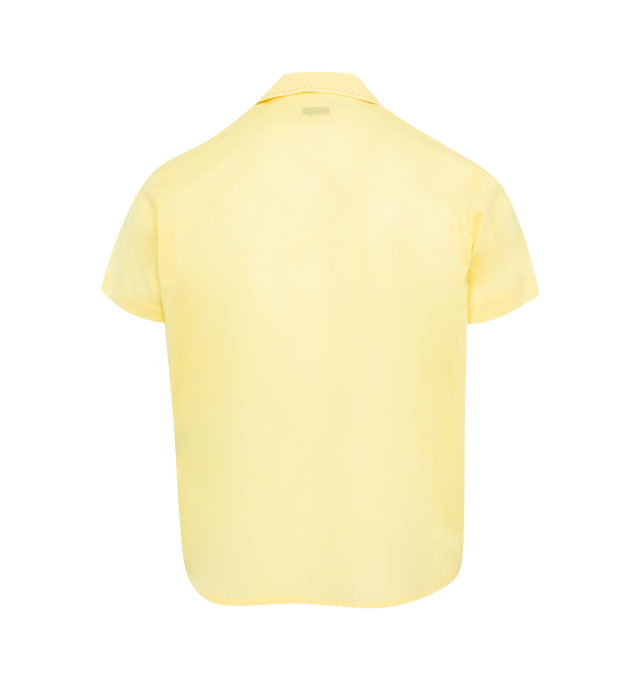 Image 2 of 2 - YELLOW - SECOND LAYER Cropped Open Collar Shirt featuring classic front button closure with Pearl buttons, tonal pin stitch detailing along the collar and flap pockets, cropped and relaxed fit. 