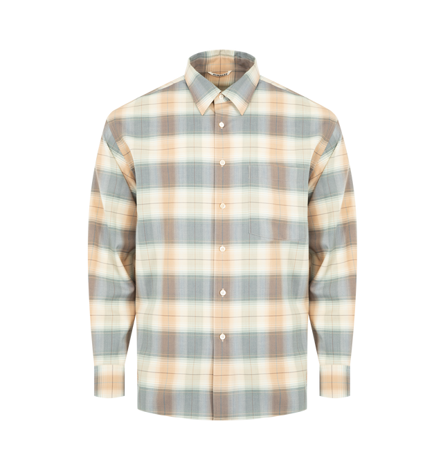 Image 1 of 2 - BROWN - AURALEE Super Light Wool Check Shirt featuring long sleeves, check print, collar, button front closure and button cuffs. 100% wool.