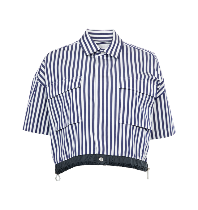 Image 1 of 3 - NAVY - SACAI Thomas Mason Cotton Poplin Shirt featuring button down shirt, boxy silhouette, patch pockets, spread collar and drawstring hemline. 100% cotton. 