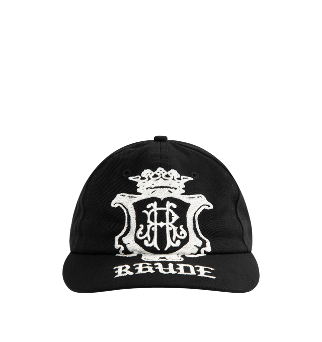 Image 1 of 3 - BLACK - RHUDE Grand Cru Crest Curved Brim Hat featuring adjustable strapback, curved brim and embroidery on the front. Cotton.