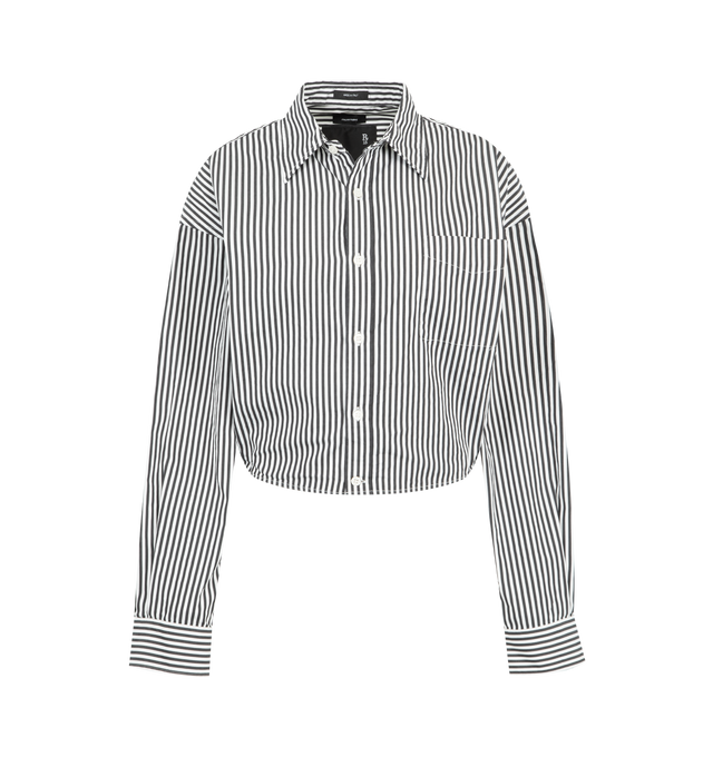 Image 1 of 2 - BLACK - R13 Split Hem Boyfriend Shirt featuring point collar, front button placket, stripes throughout and single button barrel cuffs. 100% cotton. Made in Italy.