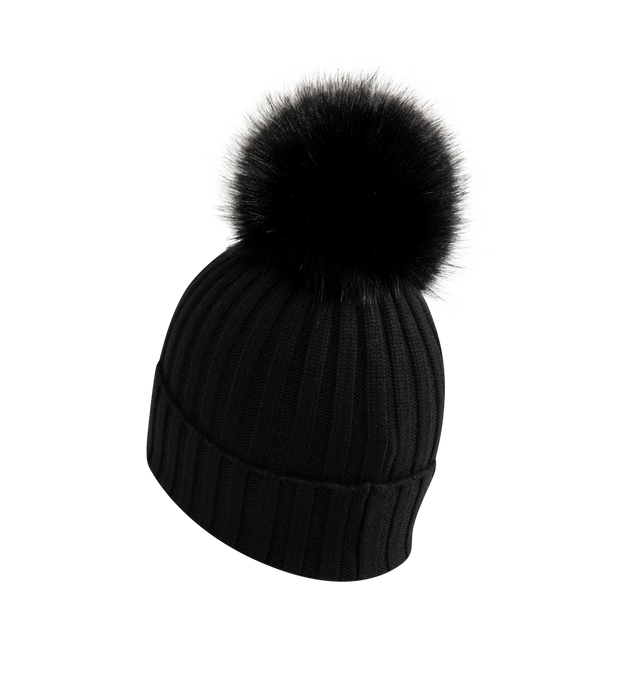 Image 2 of 2 - BLACK - MONCLER Wool Beanie with Pom Pom featuring Merino wool, ribbed knit and faux fur pom pom. 100% virgin wool.