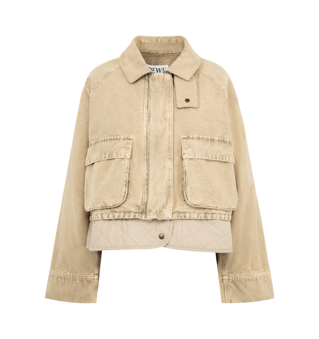 Image 1 of 4 - NEUTRAL - Loewe Jacket in lightweight treated cotton utility featuring diamond quilted lining at the hem. Regular fit, short length with lassic collar with check wool lining and chin strap, raglan sleeves, concealed snap button and zip front fastening, snap button flap pockets, inside welt pocket and LOEWE Anagram embossed leather patch placed at the back. Made in Italy.