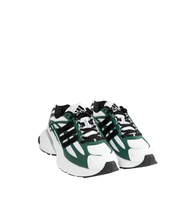 Image 2 of 5 - GREEN - Adidas Adistar XLG 2.0 Sneakers feature a Cloud White, Core Black, and Collegiate Green textile upper with an RPU-molded cage, reflective details, signature 3-Stripes, and a regular fit. A lace-up closure, textile lining and insole, responsive Adiprene heel cushioning, and a durable Adiwear outsole complete the design. Upper: Textile and Other Materials. Lining and Insole: Textile. Sole: Other Materials. Imported.