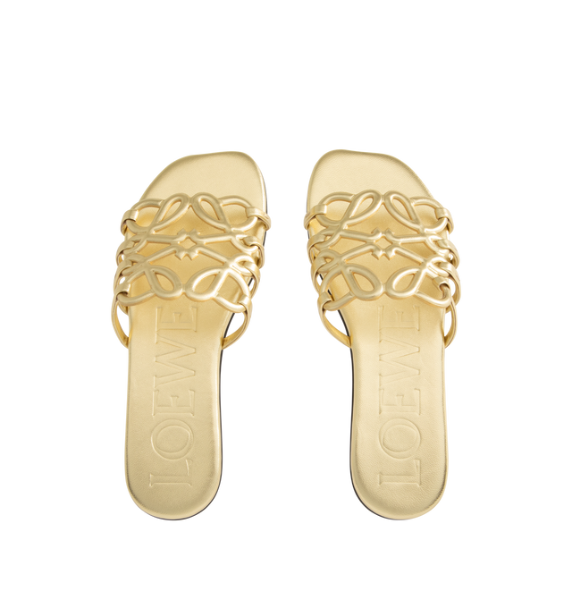 Image 4 of 4 - GOLD - LOEWE PAULA'S IBIZA Petal Anagram slide in laminated lambskin featuring a cut-out Anagram upper with hand-painted edges and hand-stitched seams, 5mm heel, embossed LOEWE on the insole, padded leather insole, rubber-injected island on the outsole and hand-stitched seams. Laminated lambskin. Made in Italy.