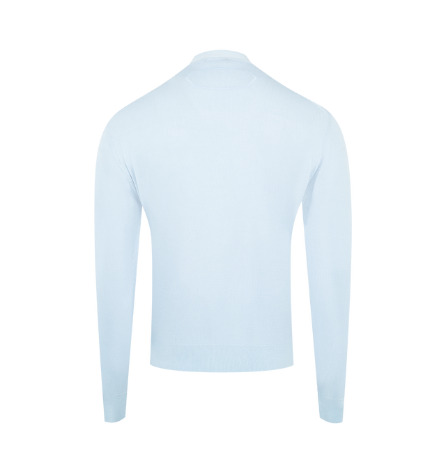 Image 2 of 2 - BLUE - JACQUEMUS The J Cardigan featuring relaxed fit, merino wool jersey knit, ribbed collar, cuffs and hem, long sleeves, embroidered J on the side, overlock stitching, embroidered Calisson patch on the back and horn buttons. 96% Merino wool, 4% polyamide.