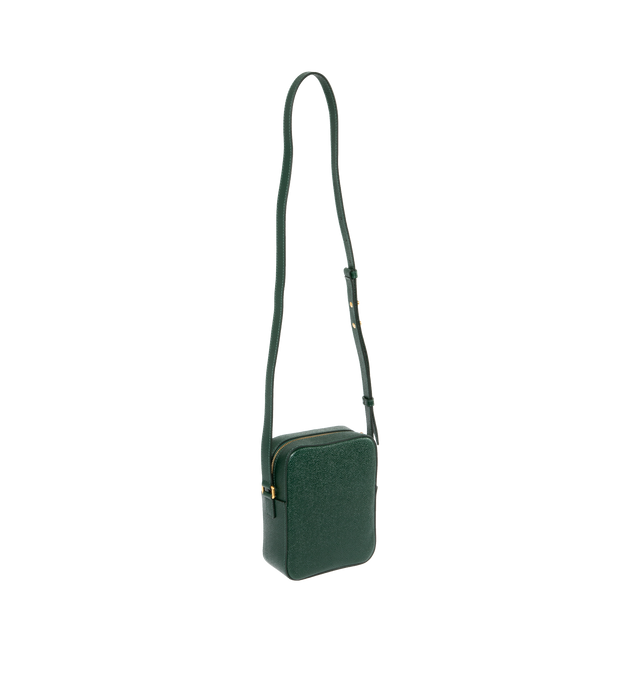 Image 2 of 3 - GREEN - THOM BROWNE Pebble Grain Leather Vertical Camera Bag featuring zippered top closure with leather pull, adjustable shoulder strap, exterior slip pocket. Striped lining with interior slip pocket. Brass hardware. Gold foil printed logo and signature striped grosgrain loop tab at exterior pocket. 100% calf full grain leather. Lining: 100% PL. Made in Italy. 