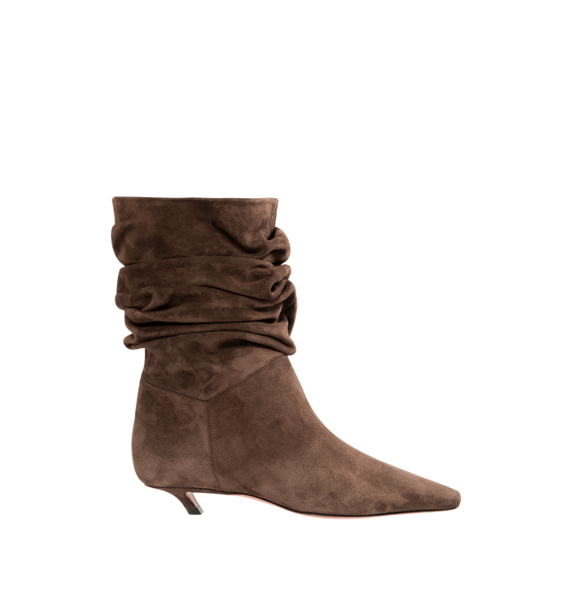 Image 1 of 4 - BROWN - AMINA MUADDI Jamie Bootie 25 featuring 25mm slanted heel, slouched bootie and pointed toe. 100% suede calfskin. Lining: 92% calfskin, 8% kid lining. Sole: 90% calfskin, 10% TPU. Made in Italy.
