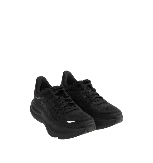 Image 2 of 5 - BLACK - HOKA M Bondi 9 Sneaker featuring engineered mesh upper with rubber sole, lace-up front, foamed EVA midsole and increased stack height for maximum cushioning, zonal breathability, reflective detailing and cushioned tongue and collar.