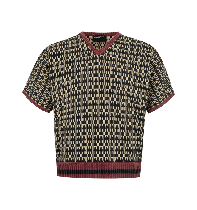 Image 1 of 2 - BROWN - ENFANTS RICHES DEPRIMES V-Neck Vienna Sweater featuring short-sleeves, jacquard arrow motif throughout, contrast rib trim at the neck, sleeves, and waist hem. Cotton. Made in Italy.