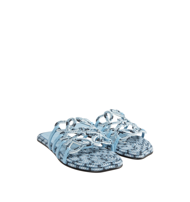 Image 2 of 4 - BLUE - LOEWE PAULA'S IBIZA Petal Anagram slide in all-over embroidered cotton canvas blending mixed shades of color threads, featuring a cut-out Anagram upper with hand-stitched seams, petal toe shape, 5mm heel, embossed LOEWE on the insole, padded insole with partial leather covering and rubber-injected island on the outsole. Embroidered canvas. Made in Italy.