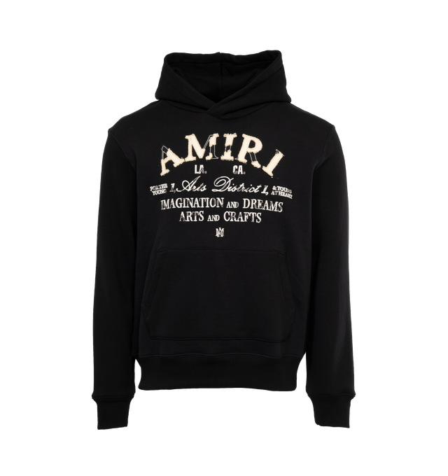 Image 1 of 3 - BLACK - AMIRI DISTRESSED ARTS DISTRICT HOODIE is stamped with bold Amiri branding at the chest, the back  is 25" length (for size Medium). This hoodie has a fixed hood, ribbed cuffs, hem and a kangaroo pocket in the front. 100% cotton. 