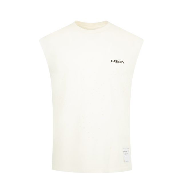 Image 1 of 3 - WHITE - Satisfy MothTech Muscle Tee is crafted from its signature MothTech ventilation material with laser-cut, hand-opened perforations engineered for targeted airflow. Finished with an external detachable care label for distraction-free comfort, this performance-driven essential is designed for everyday training and lasting wear. Main Material: 100% organic combed cotton.